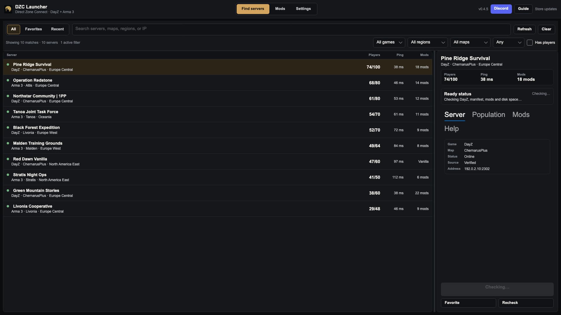 DZC Launcher — server browser showing DayZ and Arma 3 community servers, player counts, ping, maps, regions, and mod counts.