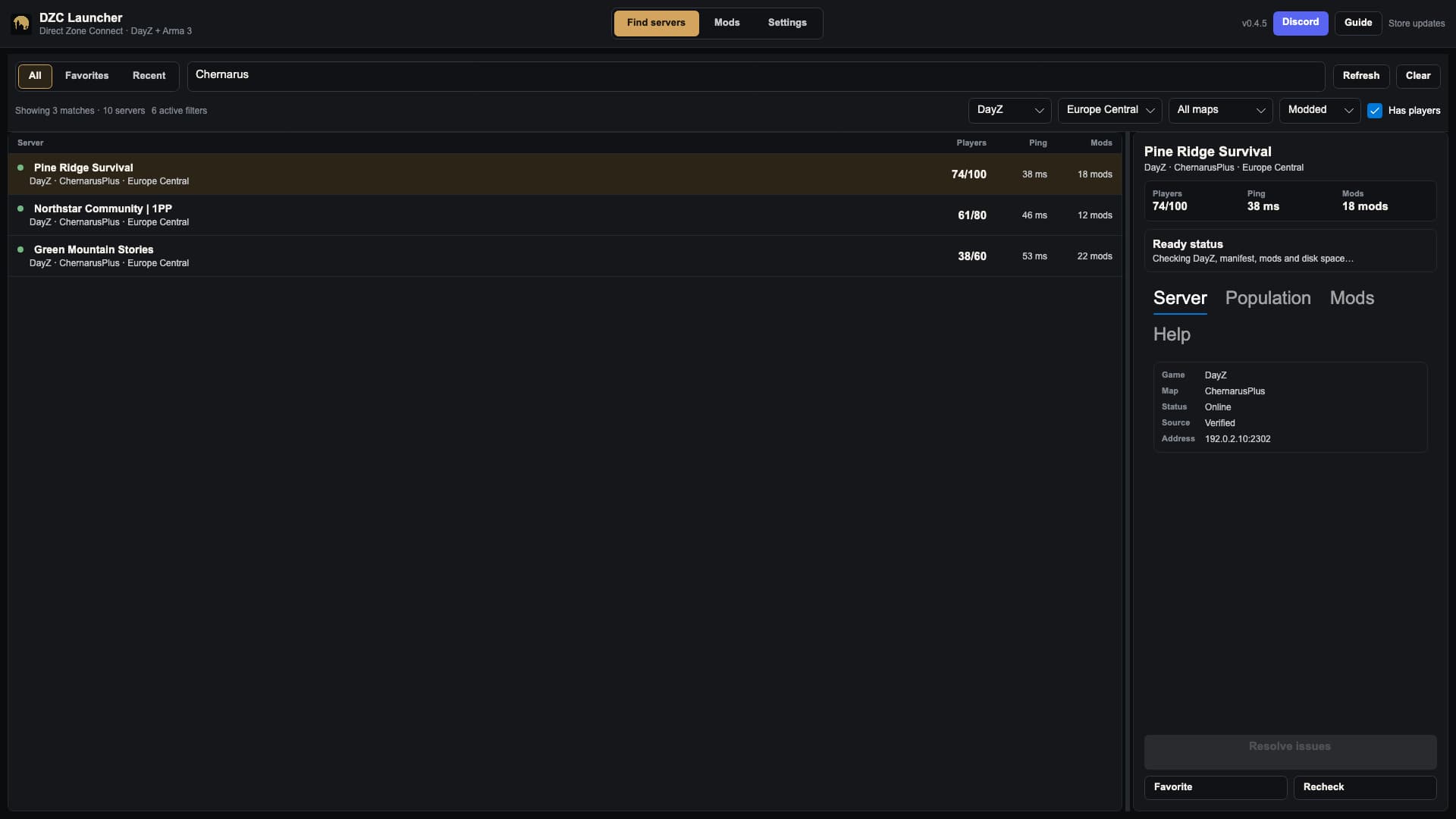 DZC Launcher — server browser filtered to verified, populated, available modded DayZ servers in Europe Central.