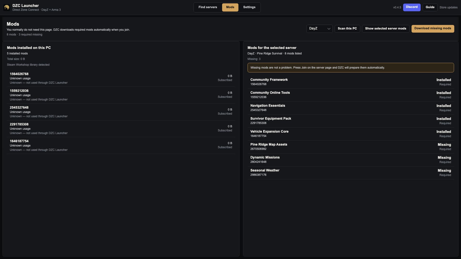 DZC Launcher — Workshop page showing installed and missing mods required by a selected server.