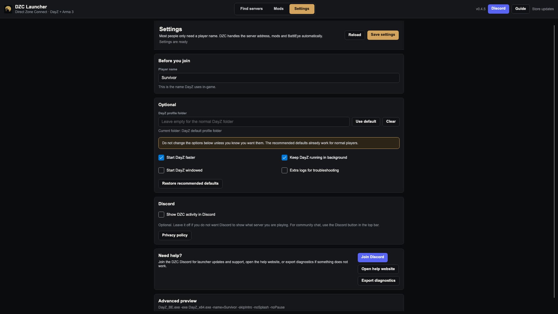 DZC Launcher — settings page showing player, launch, diagnostics, and Discord Rich Presence options.